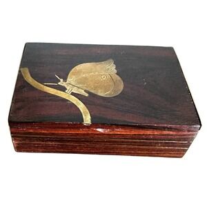 Vintage Jewelry Box Lidded Butterfly Brass‎ Inlay Wooden Hinged Trinket Ring 4"